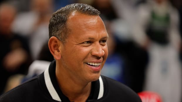 Feb 4, 2024; Minneapolis, Minnesota, USA; Minnesota Timberwolves & Lynx co-owner Alex Rodriguez smiles after his team defeats the Houston Rockets at Target Center.